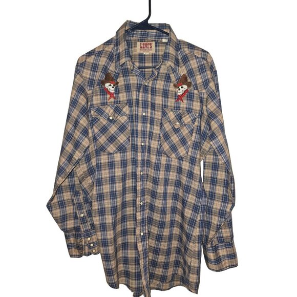Vintage Levi's Western Shirt Plaid Skull Embroidery Pearl Snap Rockabilly Grunge - Picture 3 of 8
